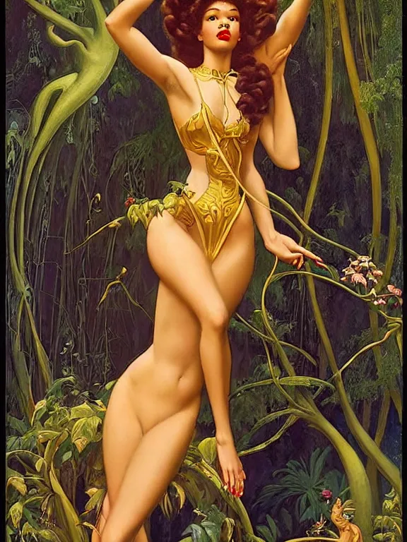 Image similar to Zendaya as the three graces, a beautiful art nouveau portrait by Gil Elvgren and Gerald Brom and Alberto Vargas and Bill Henson, Nile river water garden environment, centered composition, defined features, golden ratio, golden jewelry