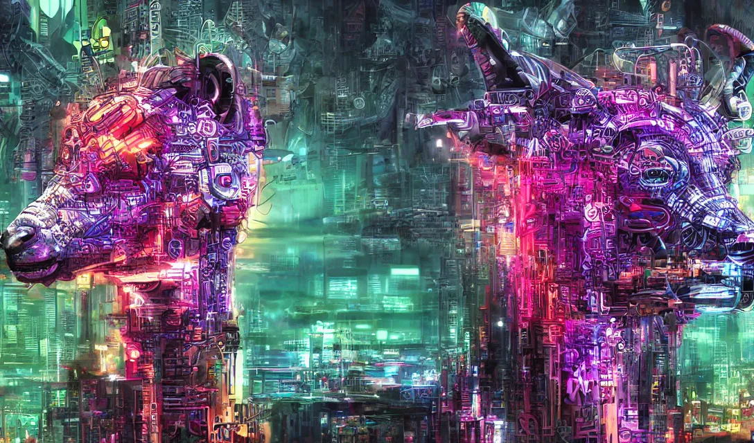 Image similar to complex cyberpunk machine background merged with evil cybernetic goat head in center focus, multicolored digital art