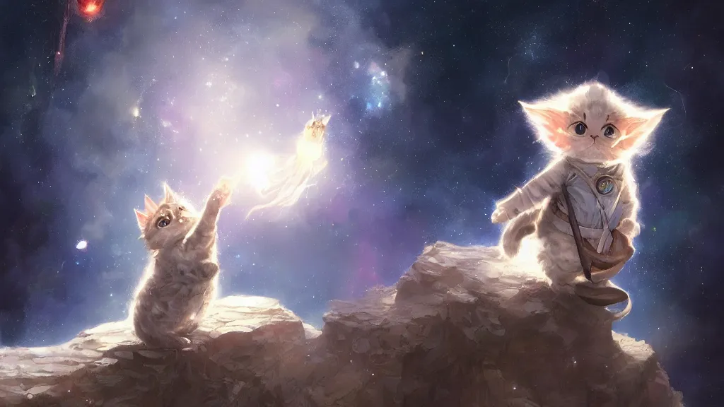 Prompt: cartoonish kitten dressed as Gandalf floating in space, bright stars, anime, a fantasy digital painting by Greg Rutkowski and James Gurney, trending on Artstation, highly detailed