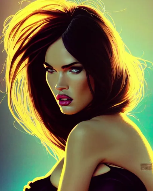 Prompt: low angle closeup beautiful seductive megan fox retro scifi pinup, action glamour pose, windblown dark hair, hyper detailed, digital art, studio lighting, smooth, ambient volumetric lighting, sharp focus, frank miller, wlop, anna dittmann, alphonse mucha, patrick nagle!!, rim lighting, synthwave