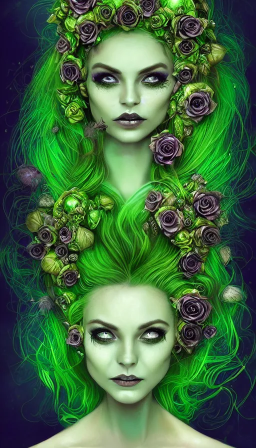 Prompt: portrait of magical green goblin female , dark fantasy, gradient green black, intricated, plants, roses, spikes, dreamy and ethereal, (colour) eyes, one head, golden ratio, peaceful expression, ornate frilly dress, fantasy, intricate, elegant, rainbow bubbles, highly detailed, digital painting, artstation, concept art, smooth,b sharp focus, illustration, art by artgerm and greg rutkowski and alphonse mucha