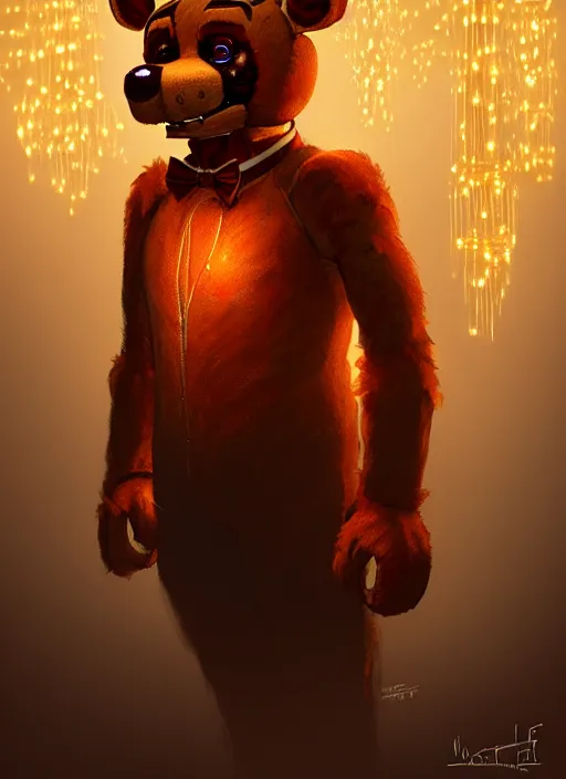 Prompt: freddy fazbear, intricate, elegant, glowing lights, highly detailed, digital painting, artstation, concept art, sharp focus, illustration, art by wlop, mars ravelo and greg rutkowski