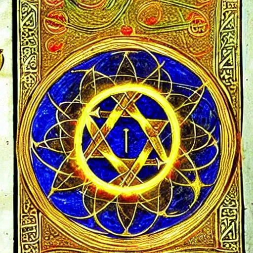 Prompt: a sigil of unified transcendent power manifestation from an illuminated manuscript, very detailed, sacred geometry, magick