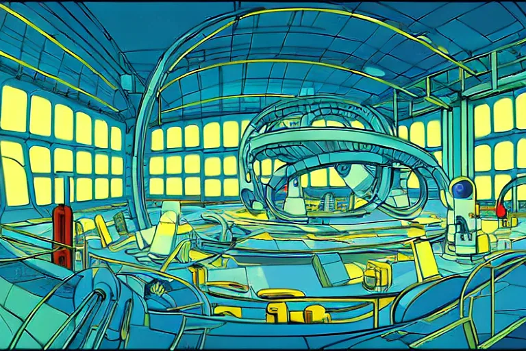 Image similar to a scifi illustration, factory interior. parallax birds eye view. fisheye. vats of fluid. flat colors, limited palette in FANTASTIC PLANET La planète sauvage animation by René Laloux