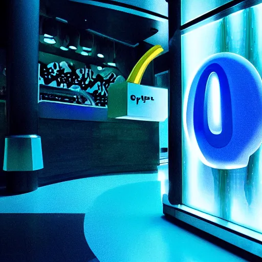 Image similar to closeup portrait of an ethereal mcdonalds made of blue light, divine, cyberspace, mysterious, dark high-contrast concept art