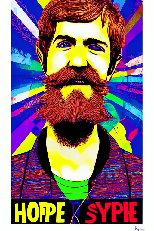 Image similar to inspirational style hope poster of bo burnham with beard by steven belledin, psychedelic colors, highly detailed, realistic, loving