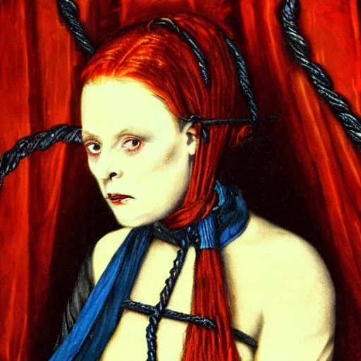 Prompt: dark portrait, death ultra red head woman in medieval dress, strangled with rope, bluish face, victorian style, high detail