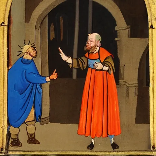 Prompt: a medival painting of a begger begging with a rich man on the streets of a medival town.