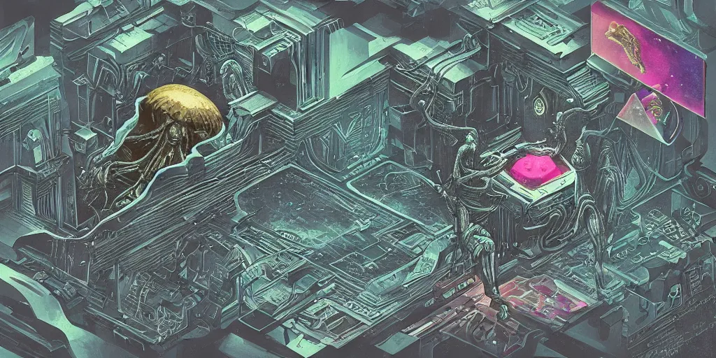 Prompt: isometric portrait of advanced alien, his last moment, mystical, technology meets fantasy, map, infographic, concept art, art station, style of giger, wes anderson