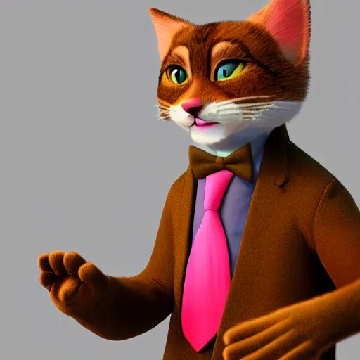 Prompt: 3d render , anthropomorphic cat wearing a pink tux, in the style of Zootopia