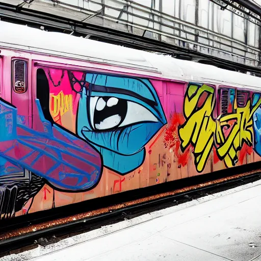 Image similar to wide angle full colour photo of a new york train carriage with the whole side covered by an award winning Graffiti piece in wildstyle, and many colours, with a comic character incorporated in the piece, ultrarealism, featured on artstation, octane render, powerful, iconic, inspiring, mesmerising