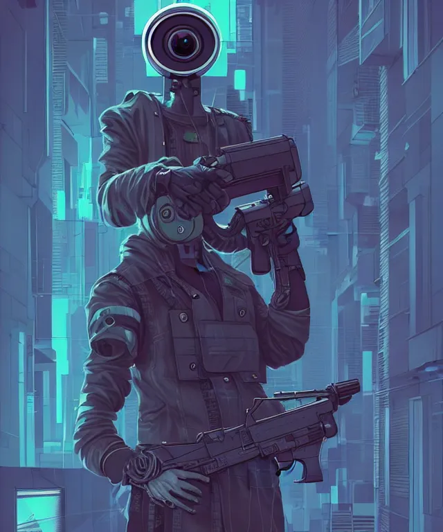 Image similar to a portrait of an anthropomorphic surveillance camera holding an ak 4 7, cyberpunk!, fantasy, elegant, digital painting, artstation, concept art, matte, sharp focus, illustration, art by josan gonzalez