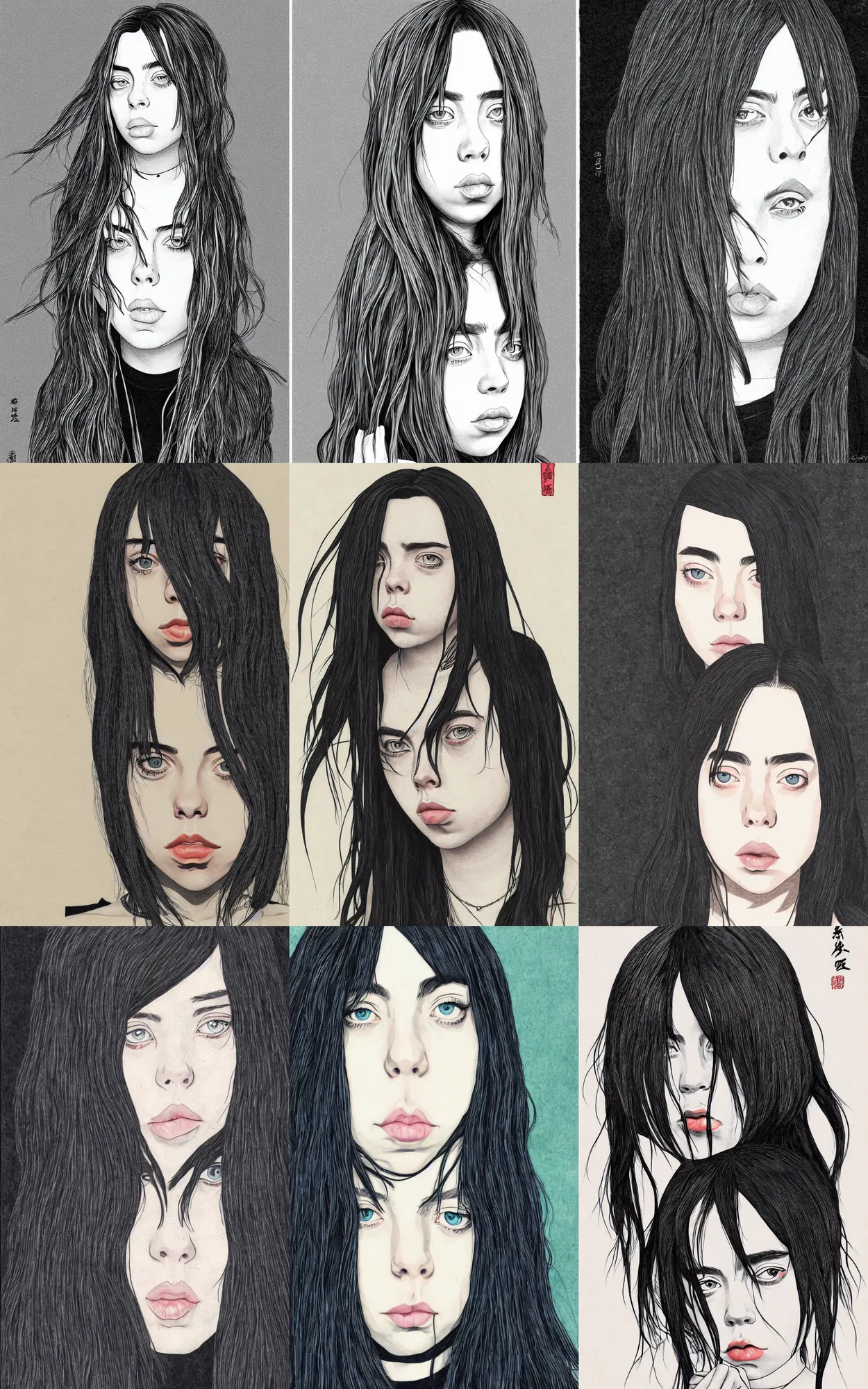 Prompt: a portrait of billie eilish. shin - hanga.