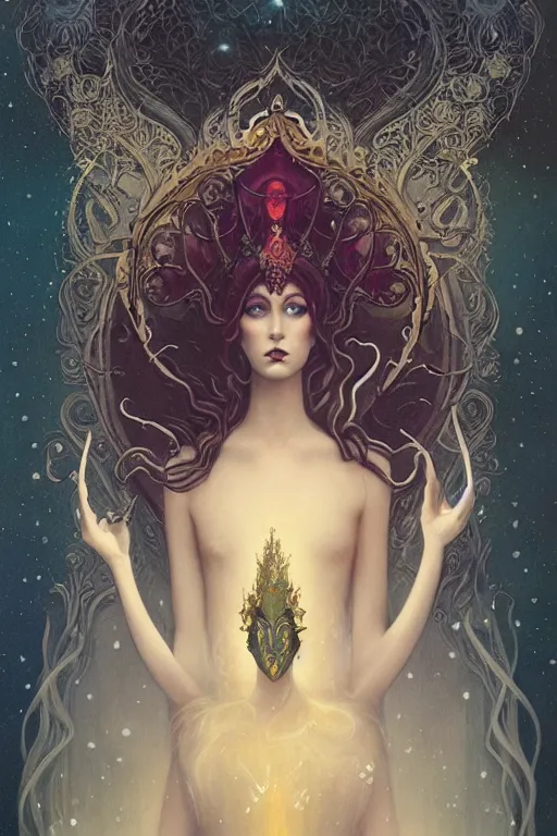 Image similar to jeweled Crown, other worldly, cruel and dark, art nouveau, by Anato Finnstark, Tom Bagshaw, Brom