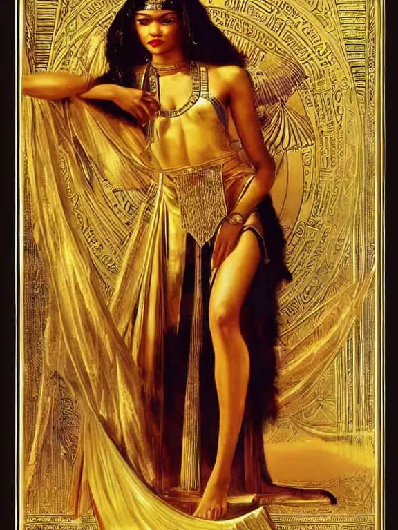 Image similar to zendaya as isis the Egyptian goddess, a beautiful art nouveau portrait by Gil elvgren, Nile river environment, centered composition, defined features, golden ratio, golden jewelry