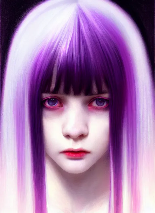 Image similar to hair whitebangs hair, black hair, whitebangs, portrait of teenage girl with white bangs, red irises, purple clothes, white bangs, bangs are different color from hair, intricate, elegant, glowing lights, highly detailed, digital painting, artstation, concept art, smooth, sharp focus, illustration, art by wlop, mars ravelo and greg rutkowski