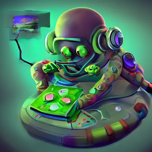 Prompt: an acqua green little octopus playing videogames, with various joypads in his tentacles, he is wearing a pair of headphones, black background, digital drawing, photoshop, high definition, good shading, artstation contest winner, octane render