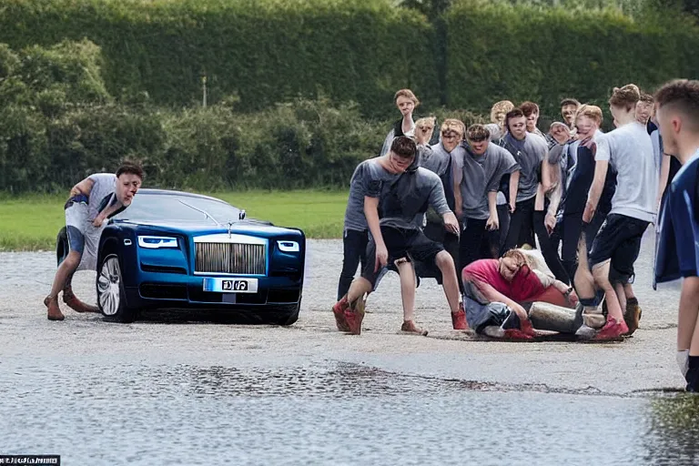 Image similar to A group of teenagers are behind a Rolls-Royce holding him by the boot and pushing him into a white lake from a small slide