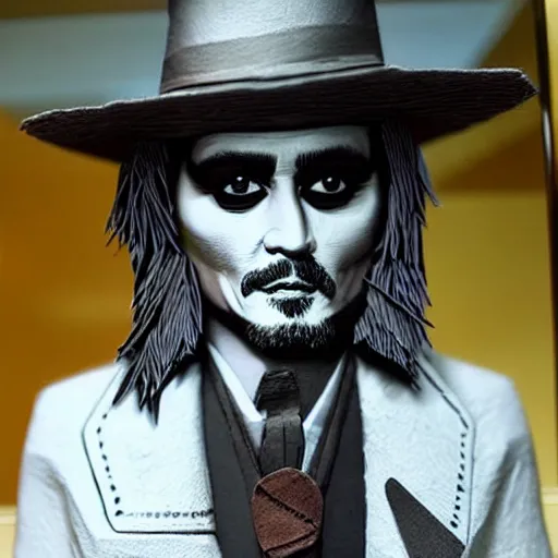 Prompt: a cut paper sculpture of johnny depp