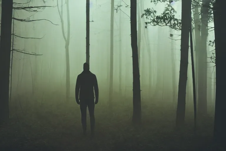 Image similar to a man in the woods with tendrils for limbs, atmospheric lighting, fog, backlight, silhouette, 4 k, haunted