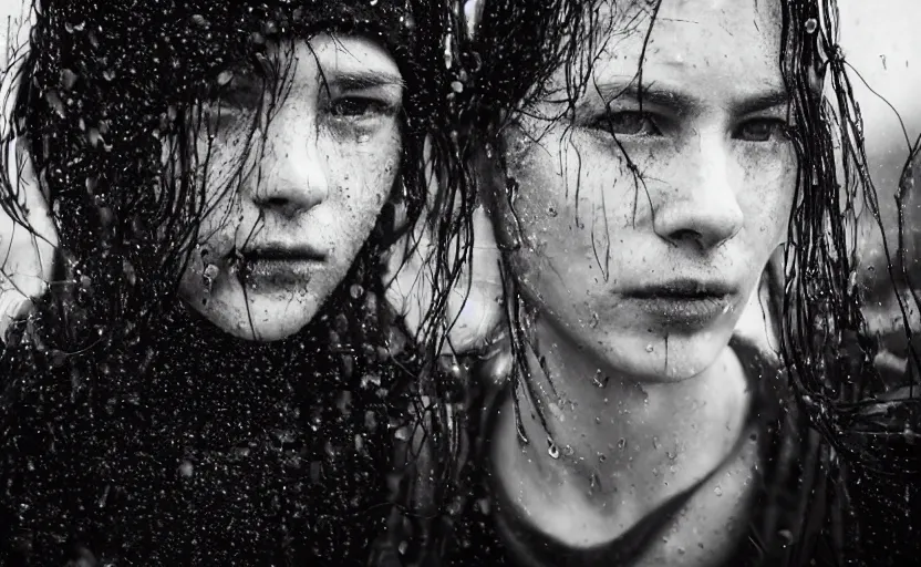 Image similar to cinestill 5 0 d candid photographic portrait by christopher nolan of two loving female androids wearing rugged black mesh techwear in treacherous waters, extreme closeup, modern cyberpunk moody emotional cinematic, pouring rain, 8 k, hd, high resolution, 3 5 mm, f / 3 2, ultra realistic faces, ex machina