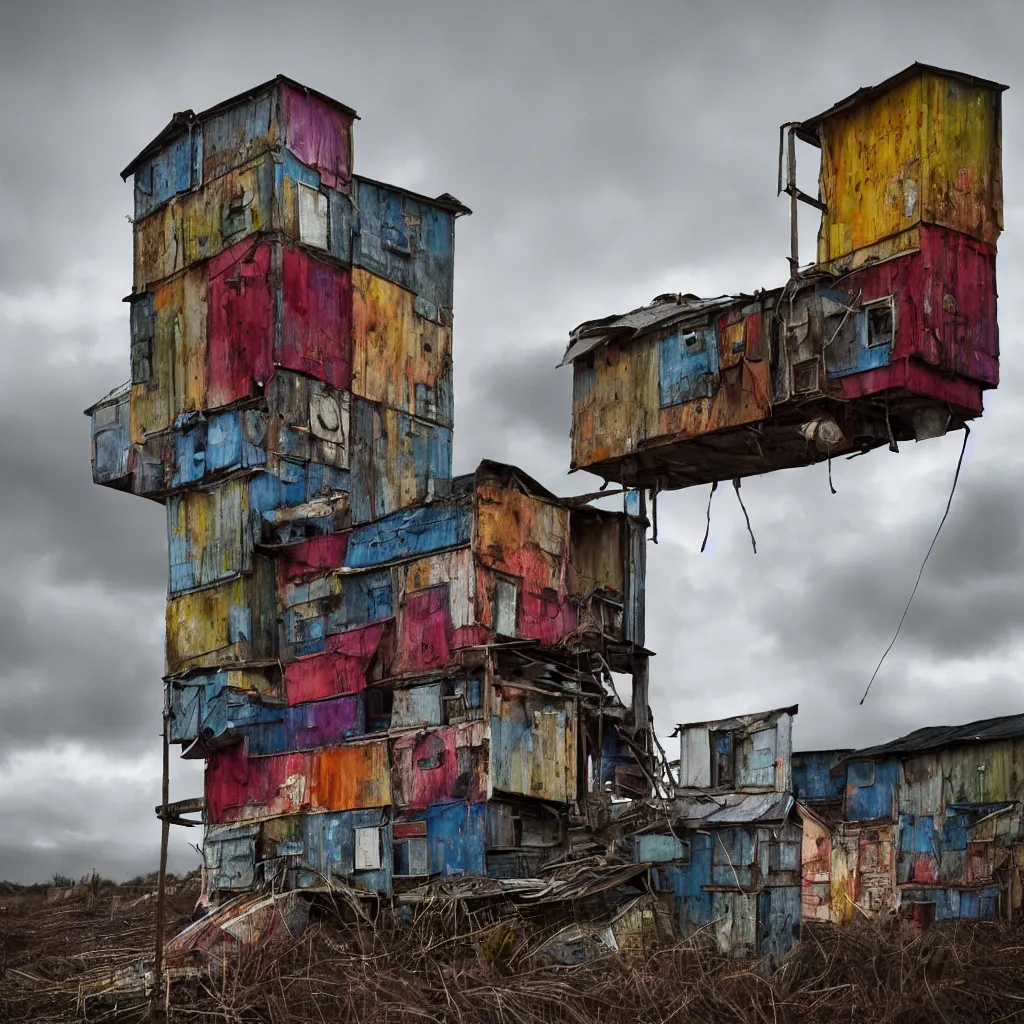 Image similar to close - up view of a tower made up of colourful makeshift squatter shacks, bleached colours, moody cloudy sky, dystopia, mamiya, very detailed, photographed by cristina de middel