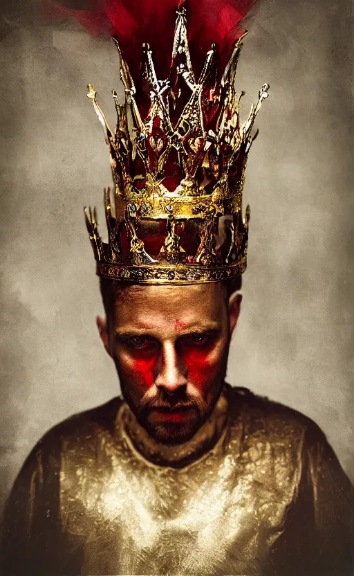 Image similar to 'Portrait of Crowned King Arthur' by Lee Jeffries royally decorated, whirling plasma, atmospheric motes, red and gold Sumptuous garb, gilt silk fabric, radiant colors, fantasy, perfect lighting, studio lit, micro details,