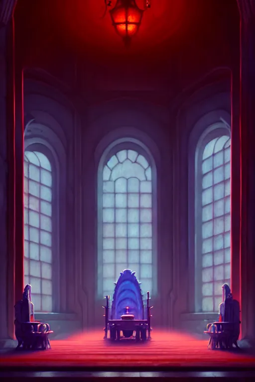 Image similar to a highly detailed matte painting of a ghostly audience in a gothi throne room by studio ghibli, makoto shinkai, by artgerm, by wlop, by greg rutkowski, red tones, volumetric lighting, octane render, 4 k resolution, trending on artstation, masterpiece