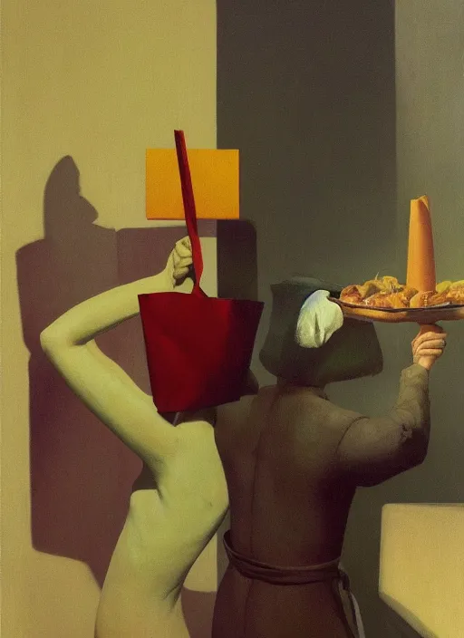 Image similar to women in paper bag over the head and a sward at high fashion podium restaurant Edward Hopper and James Gilleard, Zdzislaw Beksinski, highly detailed