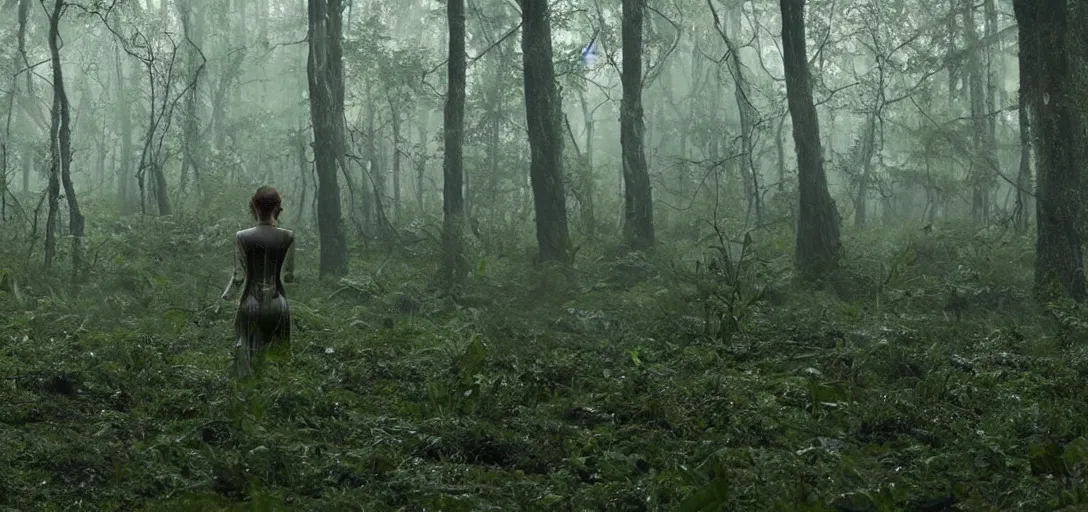 Prompt: a complex organic fractal 3 d metallic symbiotic ceramic humanoid megastructure emma watson in a swampy lush forest, foggy, cinematic shot, photo still from movie by denis villeneuve