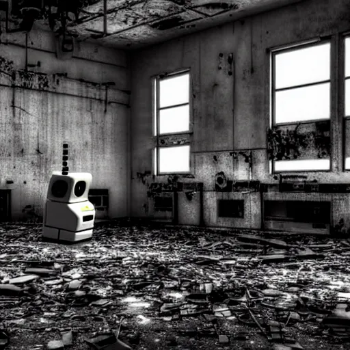 Image similar to abandoned robot factory, closed circuit tv