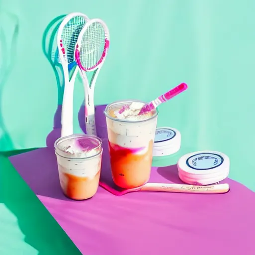 Image similar to three cups of yougurt jars next to a tennis racket, a stock photo by pia fries, trending on pinterest, lyco art, y 2 k aesthetic, vaporwave, aesthetic, side view