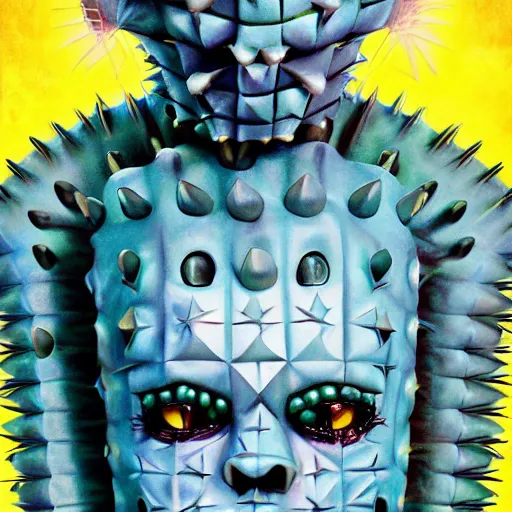 Image similar to portrait of a pinhead hellraiser as Disney cactus character by Artgerm, pineapple head, H R Giger, not scarry, Pixar, digital painting, concept art, kawaai, summertime, smiling, warm tones, depth of field, color bleed, dramatic light