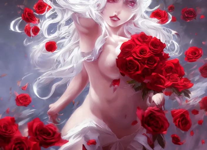 Prompt: anime girl with white curly hair wearing white clothes surrounded by red butterflies and red roses, concept art, dynamic pose, digital illustration, trending on artstation, intricate details, epic composition, sharp focus, 8 k uhd, masterpiece, league of legends splash art