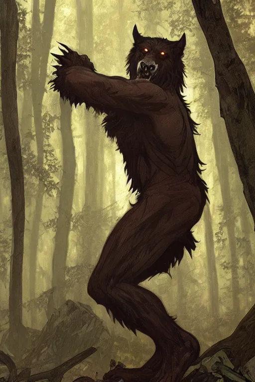 Image similar to fullbody portrait of a male werewolf, bared teeth, long claws, by greg rutkowski and alphonse mucha, gradient brown to silver, in front of a forest at night background, highly detailed, digital painting, artstation, concept art, smooth, sharp focus illustration