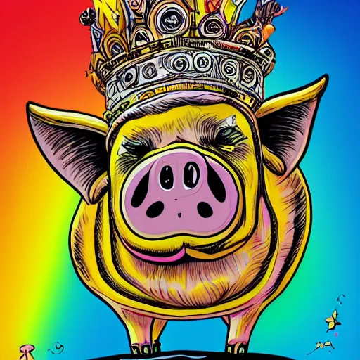 Image similar to trippy comic art of a pig wearing a gold crown sleeping on a rainbow in the sky with white clouds, drawn by Martin Rowson, Tim Burton, Studio Ghibli, Alex Pardee, Nekro Petros Afshar, James McDermott, colors by lisa frank, unstirred paint, vivid color, cgsociety 4K