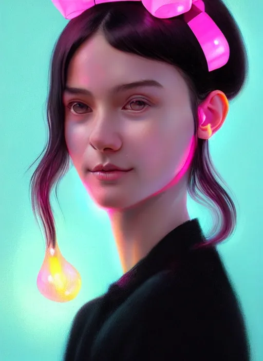 Image similar to portrait of teenage girl, narrow face, black hair, bangs, half updo hairstyle, skinny, smile, unattractive, defined jawline, big chin, wearing pink hair bow, earrings, intricate, elegant, glowing lights, highly detailed, digital painting, artstation, sharp focus, illustration, art by wlop, mars ravelo and greg rutkowski