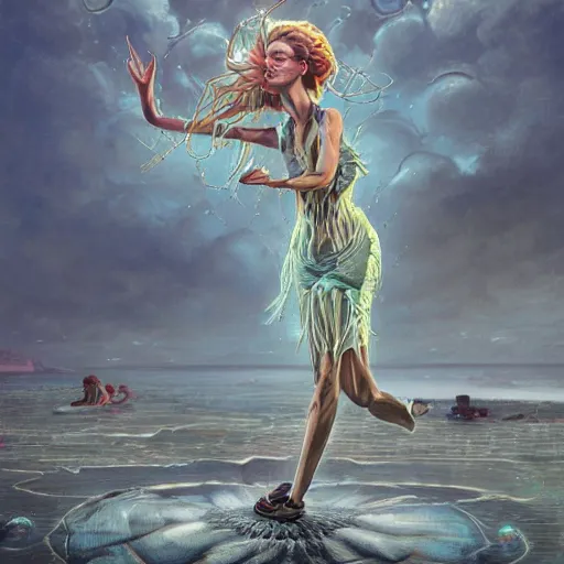 Image similar to a atompunk art raver girl dancing on beach rain and fog peter mohrbacher and chris dyer, intricate detail, finely detailed, small details, extra detail, photorealistic, high resolution, vray, hdr, hyper detailed, insane details, intricate, elite, ornate, elegant, luxury, dramatic lighting, octane render, weta digital, micro details, 3 d sculpture