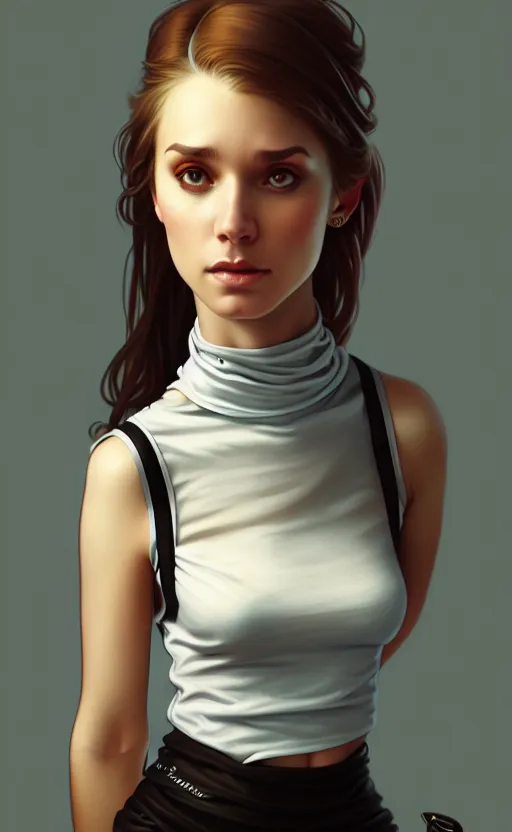 Image similar to portrait of a full body of beautiful young female secretary, d & d, sleeveless turtleneck, pencil miniskirt, fantasy, flat lighting, intricate, highly detailed, digital painting, artstation, concept art, smooth, sharp focus, illustration, art by simon bisley and greg rutkowski and alphonse mucha, natural tpose