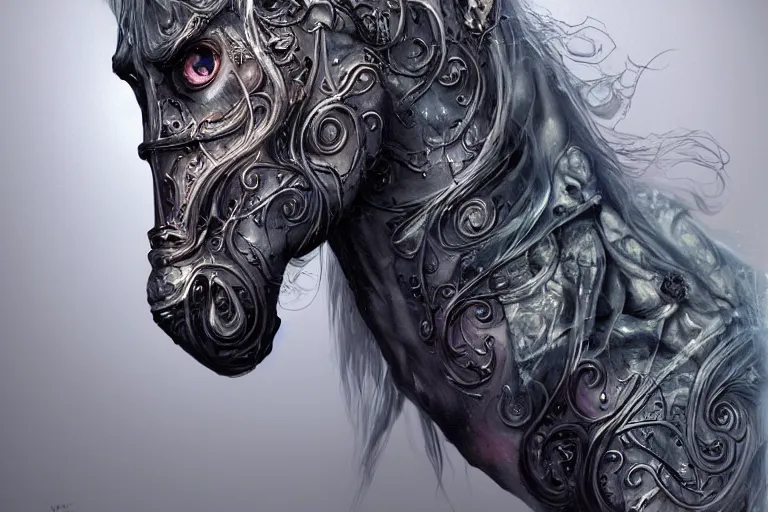 Image similar to a wlop 3 d render of very very very very highly detailed beautiful mystic portrait of a phantom undead horse with whirling galaxy around, tattoos by anton pieck, intricate, extremely detailed, digital painting, artstation, concept art, smooth, sharp focus, illustration, intimidating lighting, incredible art,