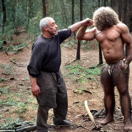 Image similar to one neanderthal saying bruh to another, holding a mushroom, both shocked