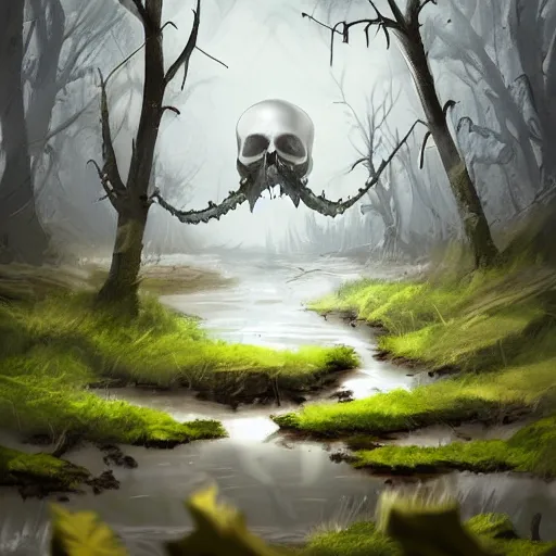 Image similar to concept art of abandoned skull, trees, puddles of water, bushes and leafs, by filip hoda