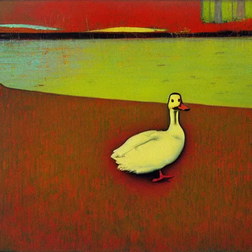 Prompt: a duck on the prowl oil painting peter doig