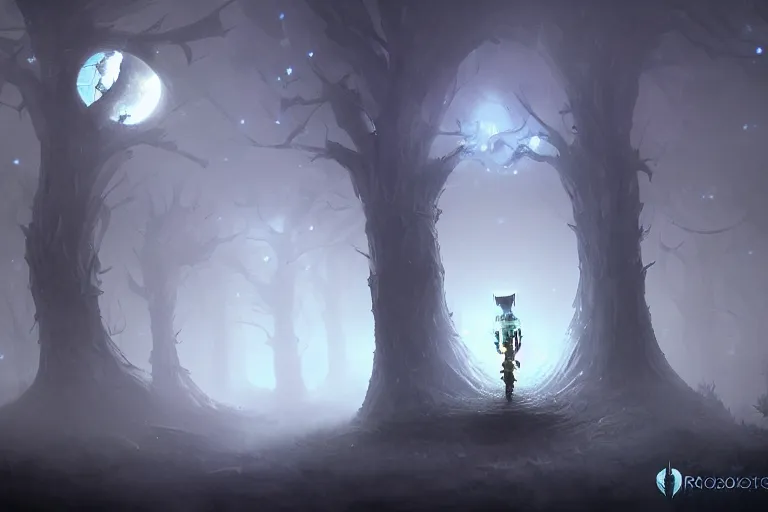 Image similar to a robotic tree humanoid, cute, dark fantasy, foggy, misty, ambient lights, dark lights, moon glow, digital art, video game character, league of legends, glows,