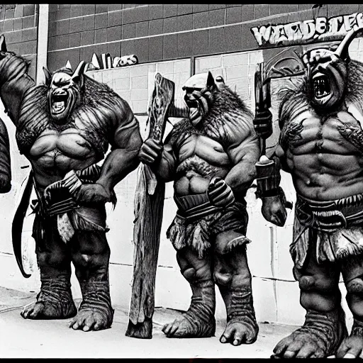 Prompt: orcs standing outside of a Walmart, protesting the working conditions, High detail, 1998