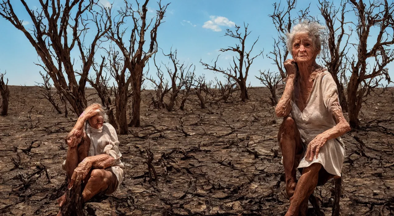 Image similar to full shot of a 65-year-old Gaia, visible tears on her face, facing the camera and sitting on a dried up river in a desolate land, dead trees, blue sky, hot and sunny, highly-detailed, elegant, dramatic lighting, artstation, 4k, cinematic landscape, photograph by Elisabeth Gadd