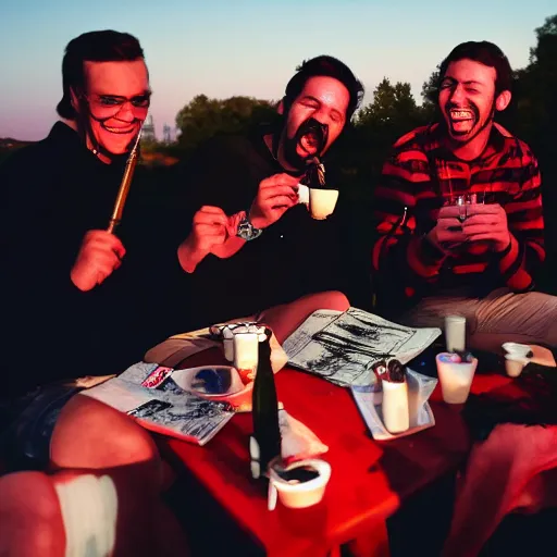 Prompt: a bill. a bong. a group of friends. enjoying themselves and laughing it up. sun set. red accents.