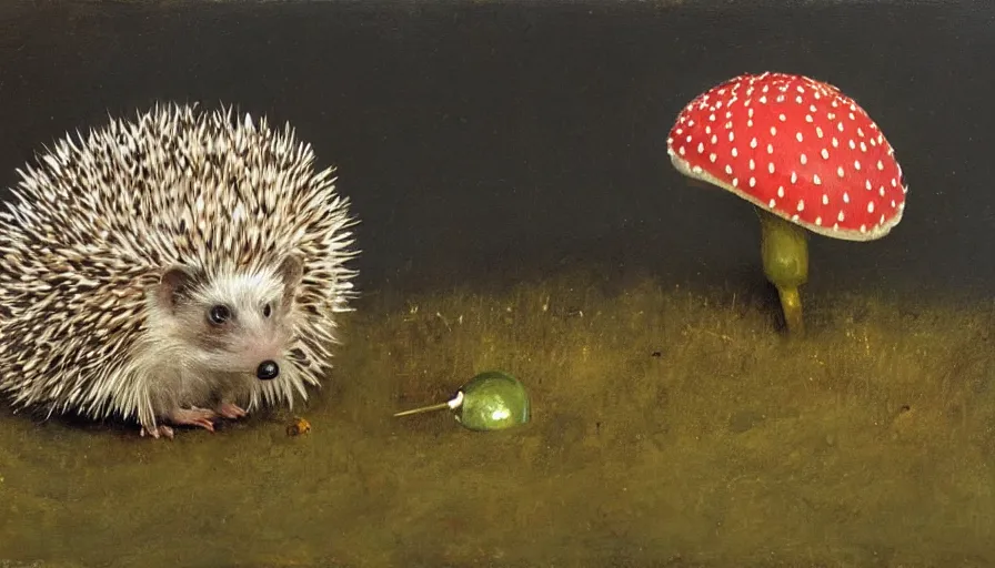 Prompt: painting by borremans, hedgehog with purple needles hides under fly agaric from the rain, detailed, stunning