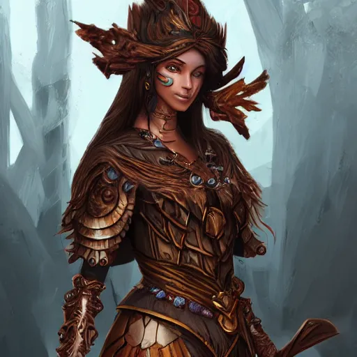 Image similar to beautiful earthen sorceress wearing wooden armor, trending on artstation, ultra fine detailed, hyper detailed, hd, concept art, digital painting