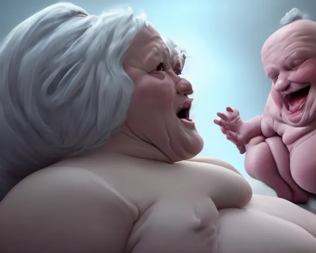 Image similar to of a very beautiful scene. ambient occlusion render. a sweet fat old woman is giving birth to her self as a sweet baby. hyper realistic. 4 k. wide angle. wild. symmetrical face, red mouth, blue eyes. deep focus, lovely scene. ambient occlusion render. concept art. unreal engine.